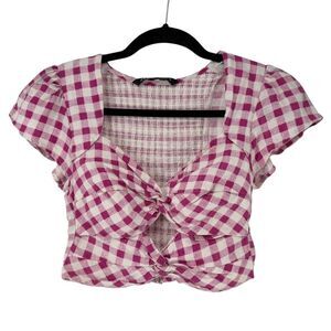 Zara Gingham Crop Top Pink Size XS Smocked Back Twist Front Keyhole Preppy VNeck